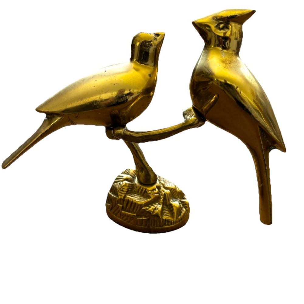 VINTAGE BRASS CARDINALS ON A BRANCH BIRD FIGURINE HOME DECOR UNIQUE DECORATION - Picture 5 of 5